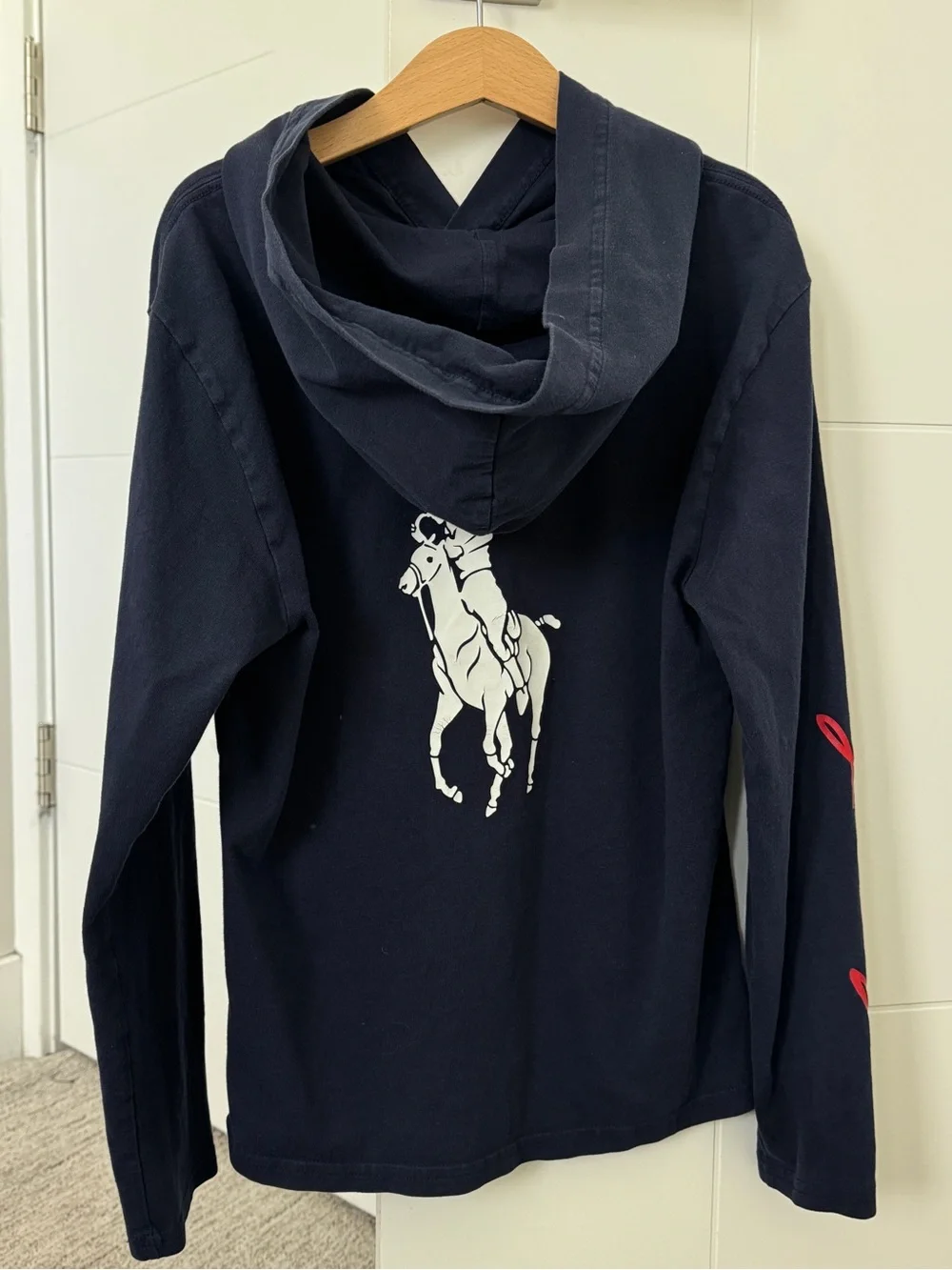 Ralph Lauren Navy Crewneck Hoodie with Red Sleeve Script Boys size M 10-12